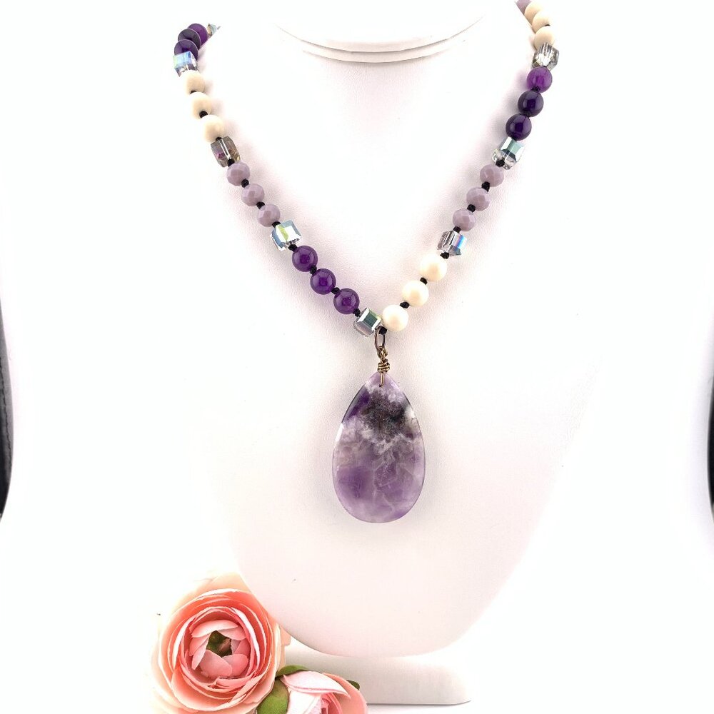 Amethyst Stone Teardrop Stone & Glass Beads Long Necklace Boho J890 - Picture 4 of 10